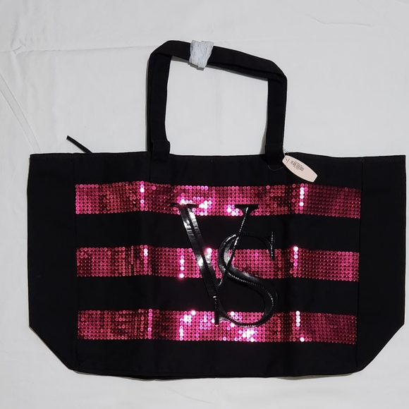 NWT Victoria's Secret Sequin Pink Black Stripes Large Bling Tote Bag - Picture 2 of 5